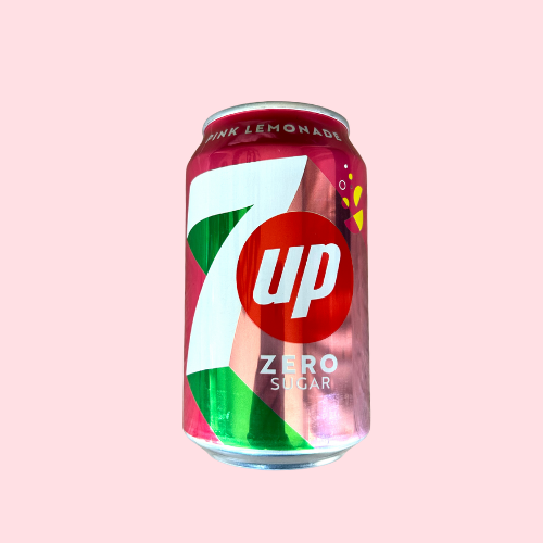 Roze 7UP Pink Lemonade Zero Sugar blikje met groen accent en 7UP-logo