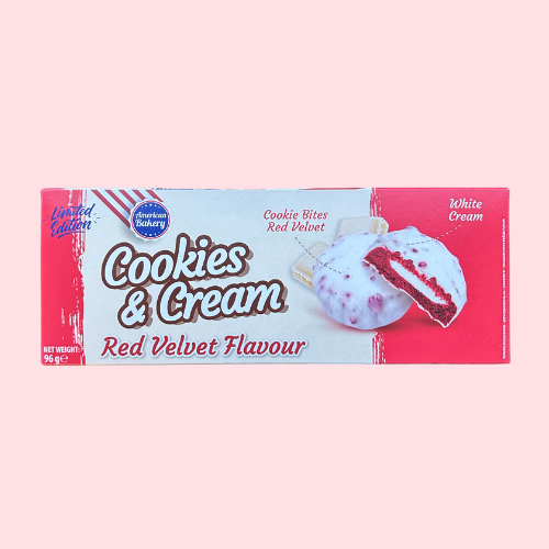 AB Cookies and Cream Red Velvet in rood-creme verpakking met koekjes en witte chocolade
