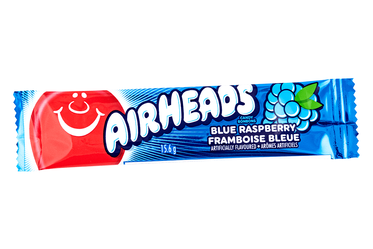 Blauwe Airheads blue raspberry snoepstick met rood ballonlogo