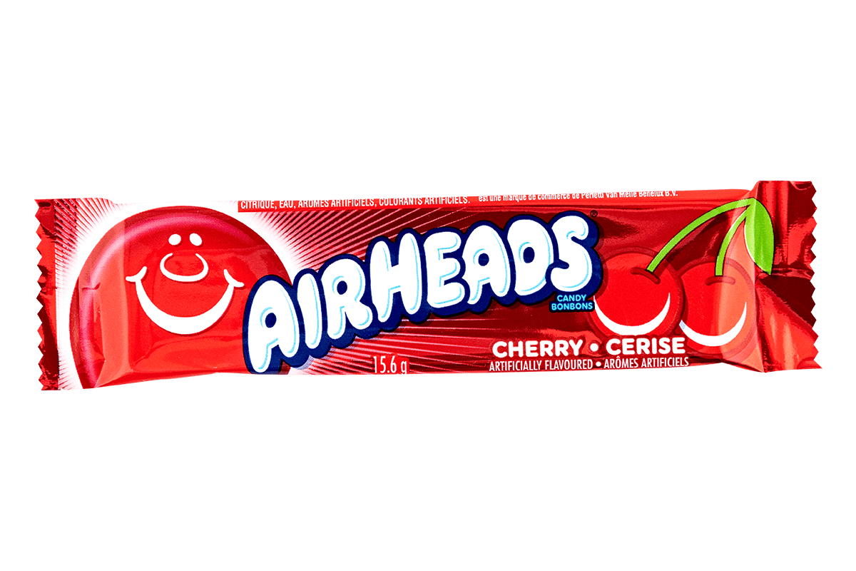 Rode Airheads kersensmaak snoepstick met rood ballonlogo