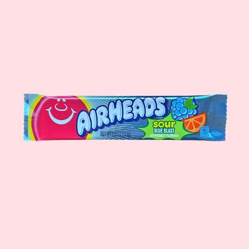 Airheads Sour Blue Blast blauwe snoepstick met airheads ballonlogo