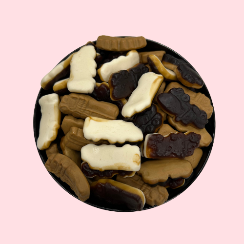 Autodrop snoep bruin zwart wit in zwart bakje