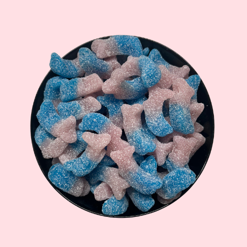 Gesuikerde zure Bubblegum Candy Dolfijnen roze en blauw in zwart bakje