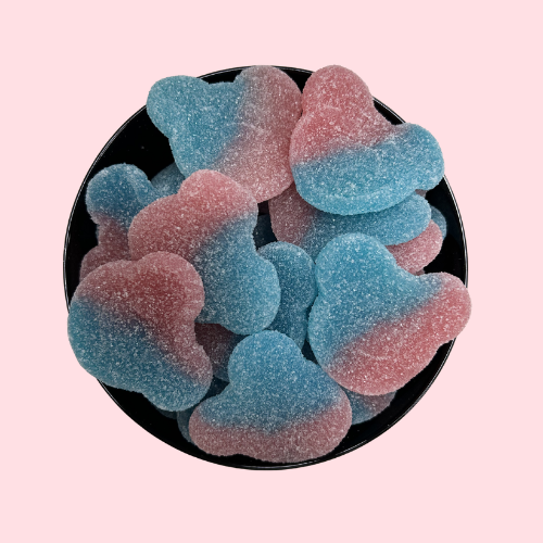 Bubblegum Teddy's roze met blauwe kleur gesuikerd in zwart bakje