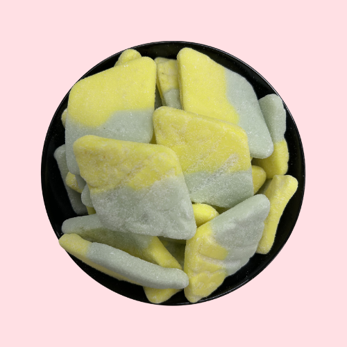 Bubs Sour Tutti Frutti diamant vorm snoep geel groen in zwart bakje