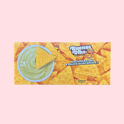 Buenos Dias Nachos And Guacamole Sauce gele verpakking met guacamole saus en nachos