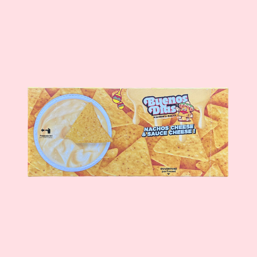 Buenos Dias Nachos Cheese And Cheese Sauce gele verpakking met kaas saus en nachos
