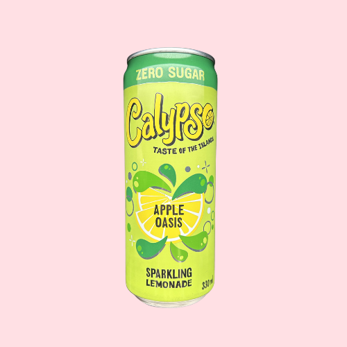 Calypso Sparkling Lemonade Apple Oasis Zero Sugar groen geel blikje met calypso logo