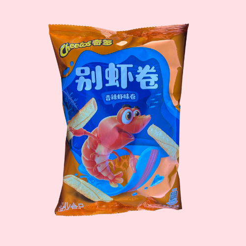 Cheetos Spicy Shrimp Rolls oranje blauwe verpakking met garnaal en cheetos logo