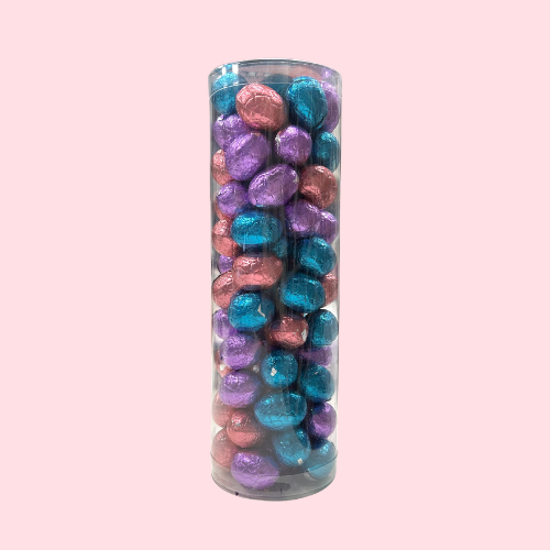 Chocolade Eitjes Koker | Zelf Samenstellen paars roze en blauwe choco eitjes in plastic koker