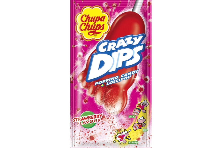 Crazy Dips aardbei knettersnoep in roze verpakking met voetje