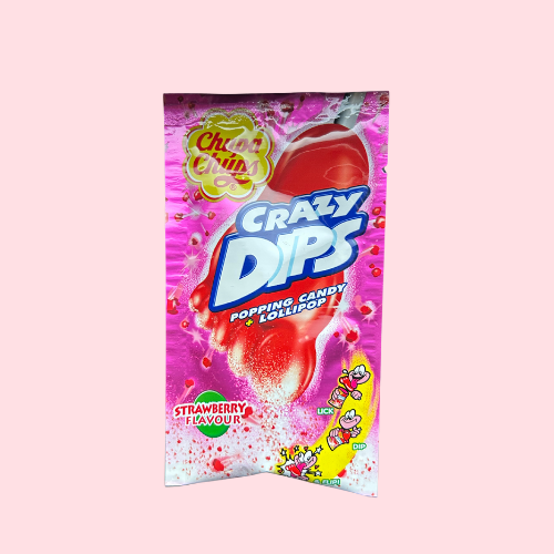 Crazy Dips aardbei knettersnoep in roze verpakking met voetje