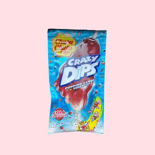 Crazy Dips Cola knettersnoep in blauwe verpakking met voetje
