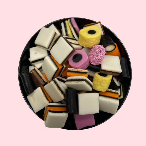 Wit-roze-geel-oranje engelse drop in zwart bakje