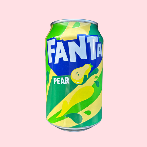 Groen-gele fanta pear blikje met peer en blauw fanta logo