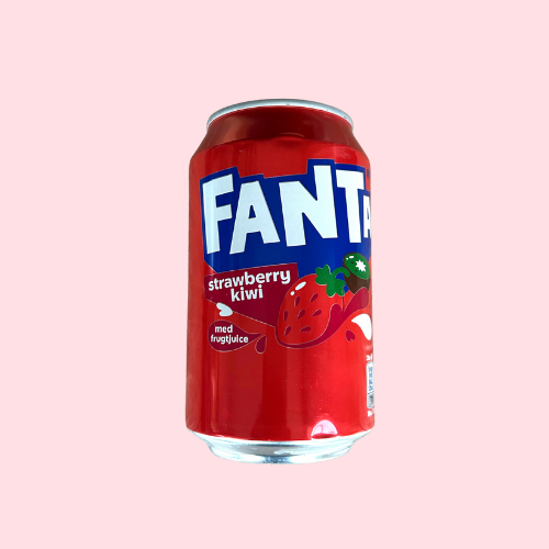 Fanta Strawberry Kiwi rood blikje met aardbei en kiwi en Fanta logo