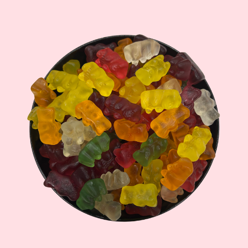 Rood-geel-oranje-groen en witte Gummy Bears Suikervrij in zwart bakje