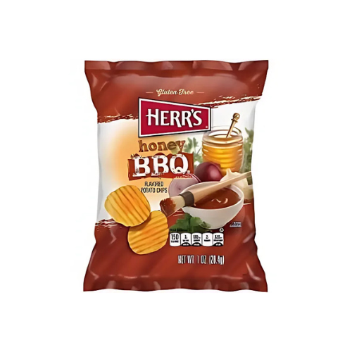 Herr’s Honey BBQ Chips in bruin-witte verpakking met honing en BBQ-saus
