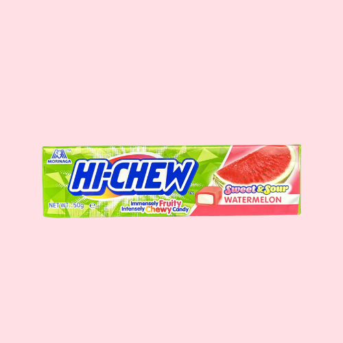 Hi-Chew Watermelon groen rode verpakking met watermeloen en hi-chew logo