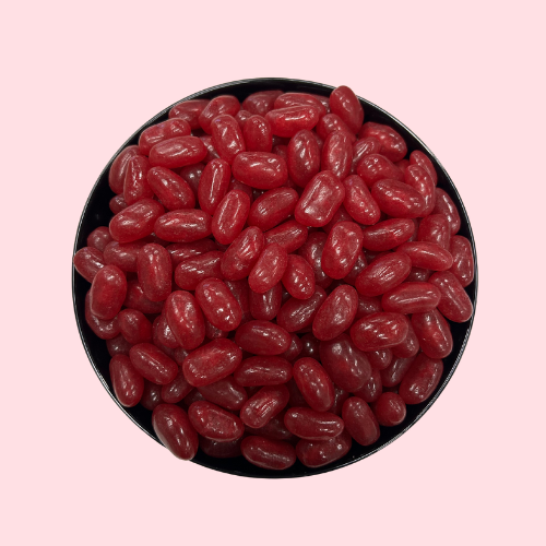 Rode jelly beans cherry snoepjes in zwart bakje