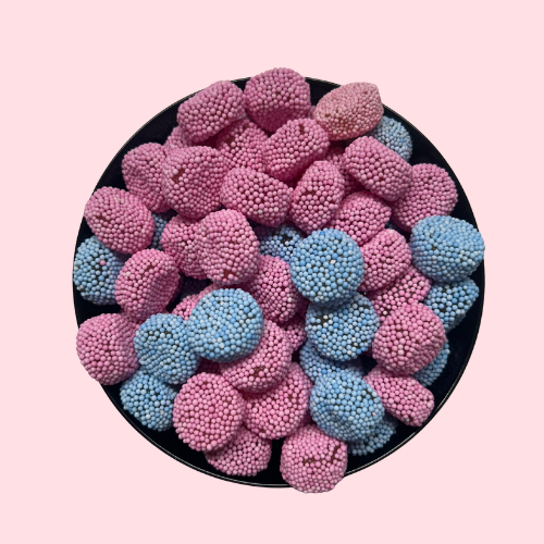 Jelly Buttons snoep roze blauw in zwart bakje