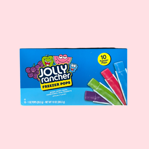 Jolly Rancher Freezer Pops in blauwe verpakking met fruit en kleurrijke waterijsjes