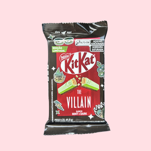 Kitkat The Villian Mint Dark zwarte met rode verpakking met groene kitkat en kitkat logo