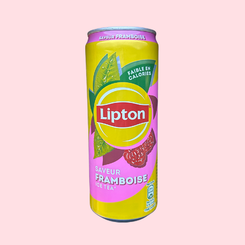 Lipton Ice Tea Raspberry met geel-roze blikje en Lipton logo