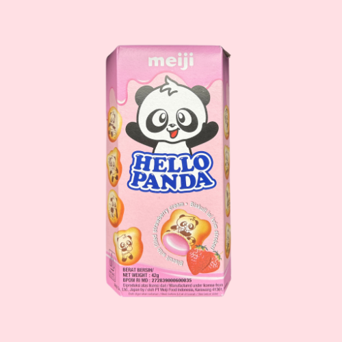 Meiji Hello Panda Strawberry koekjes met aardbei smaak en roze verpakking