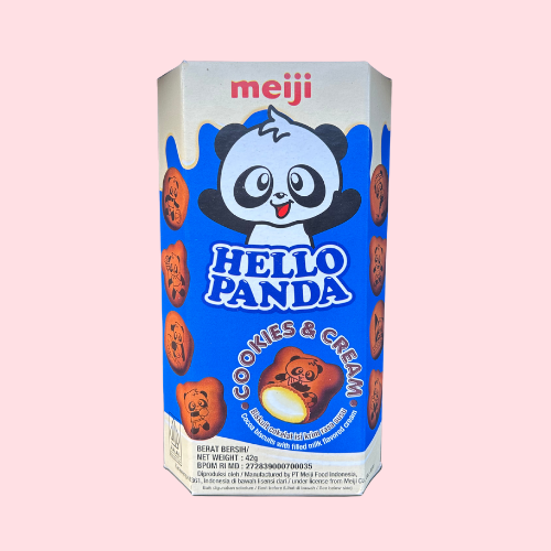 Wit-blauwe Meji Hello Panda Cookies And Cream met panda en bruine koekjes en meji/hello panda logo
