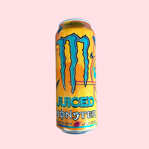Oranje-blauw Monster Juiced Khaotic blikje met M-logo