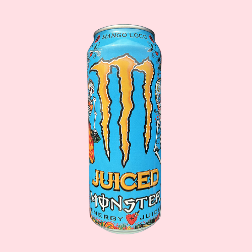 Monster Mango Loco blauw blikje met geel monster logo