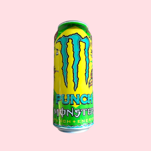 Groen-geel Monster Rio Punch blikje met M-logo en tropisch ontwerp