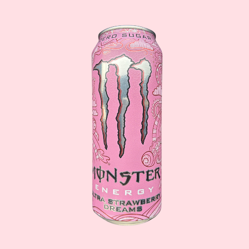 Roze Monster Ultra Strawberry Dreams blikje met M en wolkjesprint