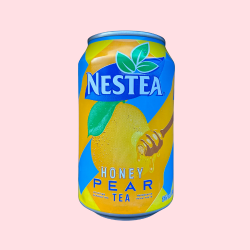Nestea Honey Pear Tea geel blauw blikje met honing en nestea logo