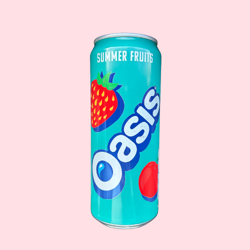 Licht blauw oasis summer fruits blikje met rode aardbei en kers en oasis logo