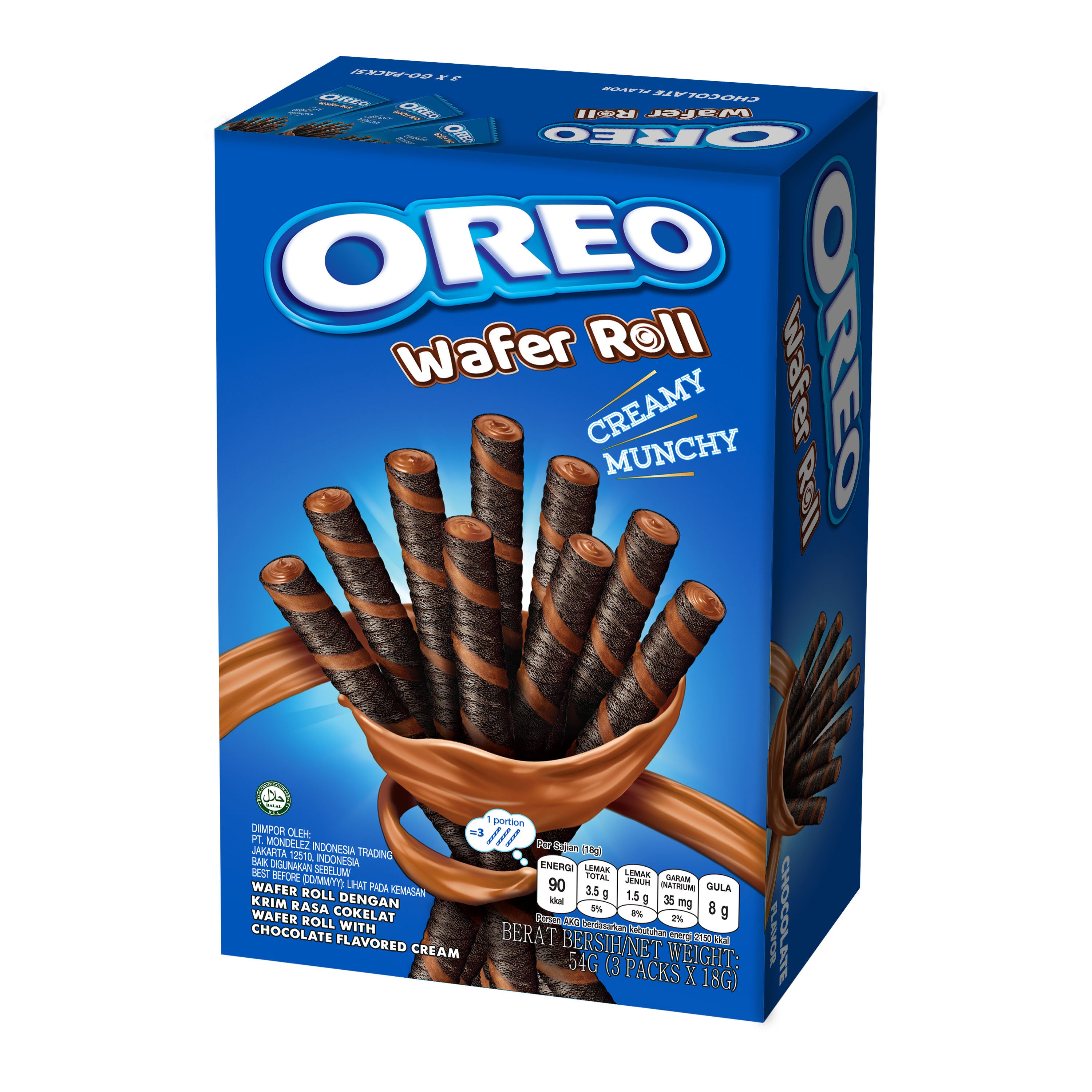 Oreo Wafer Roll Chocolate in blauwe verpakking met chocolade rolls