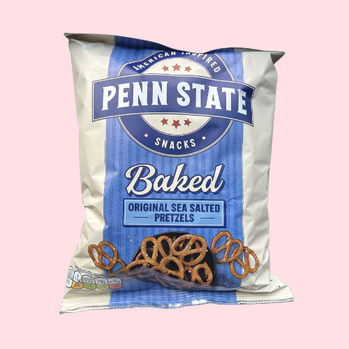 Penn State Pretzels blauwe verpakking met pretzels en Penn state logo