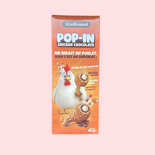 Pop-In Chicken Chocolate oranje verpakking met kip en chocolade op