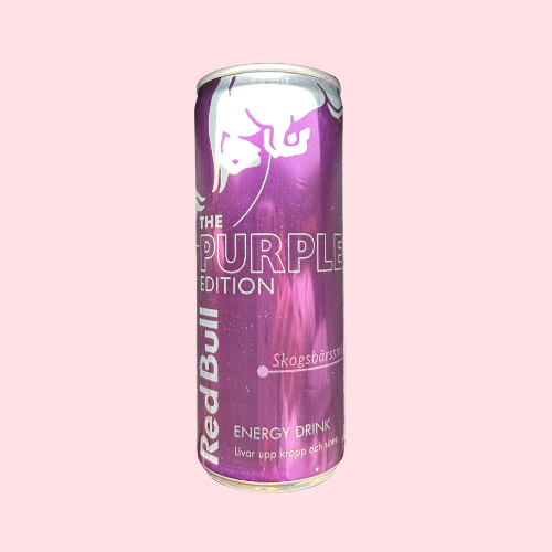 Paars Red Bull Purple Edition blikje met stier-logo