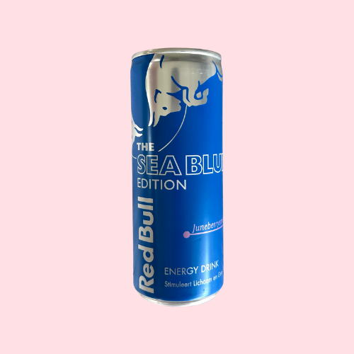 Blauw Red Bull Sea Blue Edition blikje met stier-logo