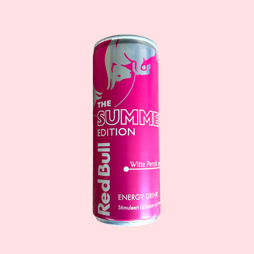 Felroze Red Bull Summer Edition blikje met stier-logo