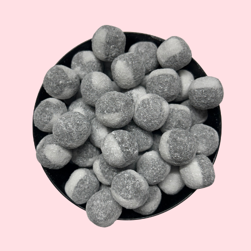 Salmiak kogels grijs met wit in zwart bakje