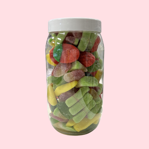 Schepsnoep pot met witte deksel en verschillende snoepjes