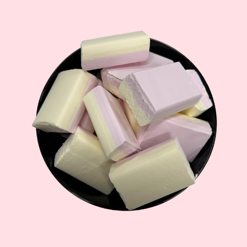 Schuimblokken roze geel vanille in zwart bakje