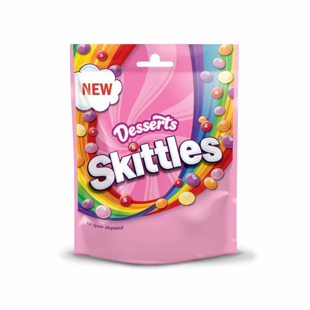 Skittles Desserts in roze verpakking met regenboog en Skittles snoepjes