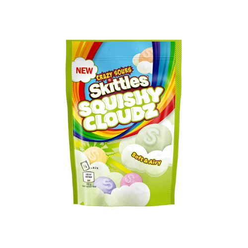 Skittles Squishy Cloudz Sour Green snoep in groene verpakking met regenboog en wolken