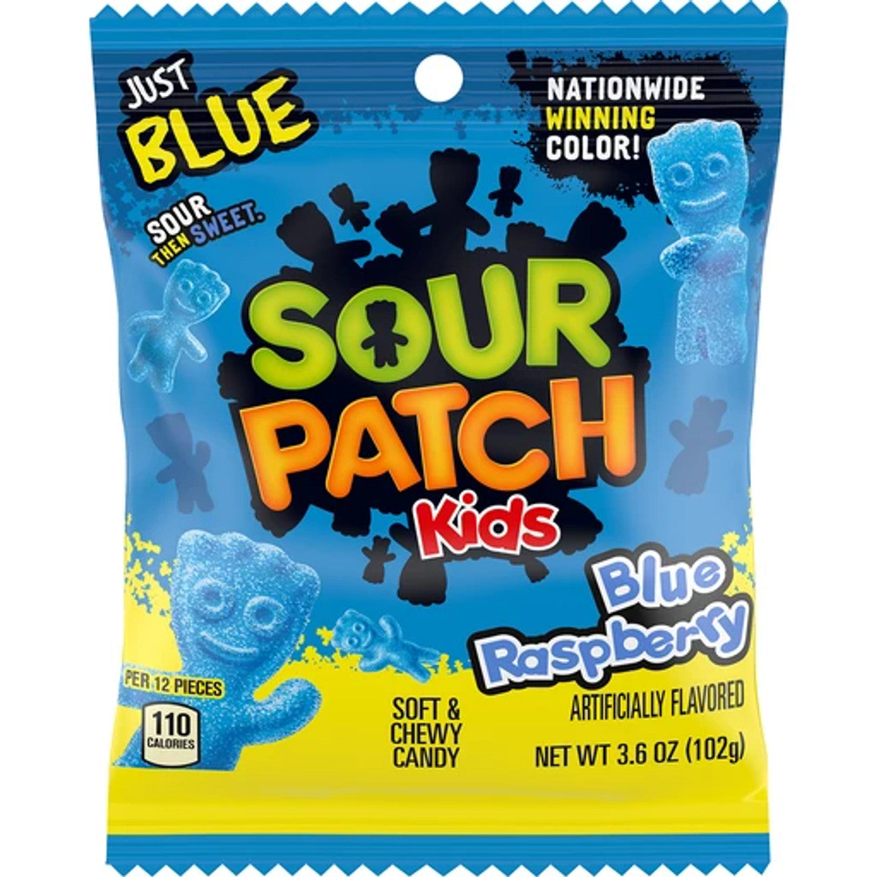 Sour Patch Kids Blue Raspberry snoep in geel-blauwe verpakking
