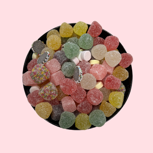 Tum Tum snoep mix rood-geel-groen in zwart bakje