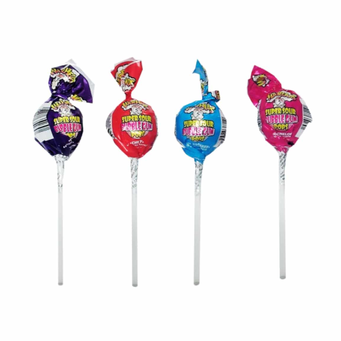 Warheads lolly’s in paars, rood, blauw en roze